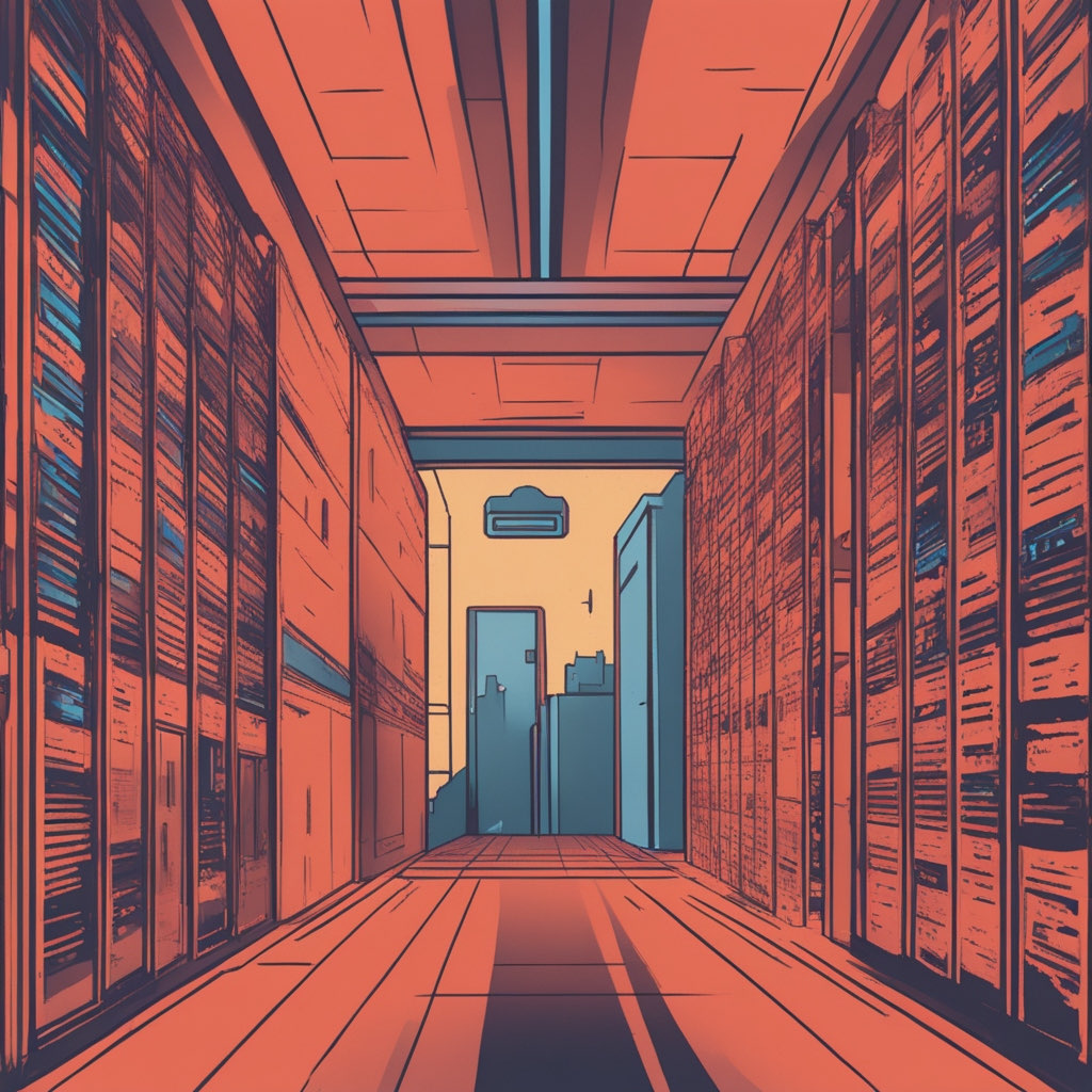 Stylised illustration of a corridor lined with server racks