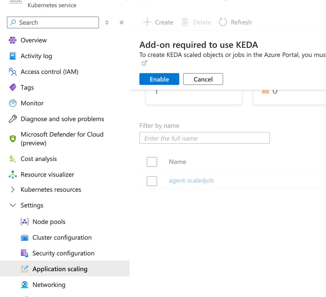 Azure Portal prompt reading "Add-on required to use KEDA" with Enable and Cancel buttons, on the Application scaling blade of an AKS cluster, listing a scaled job named agent-scaledjob